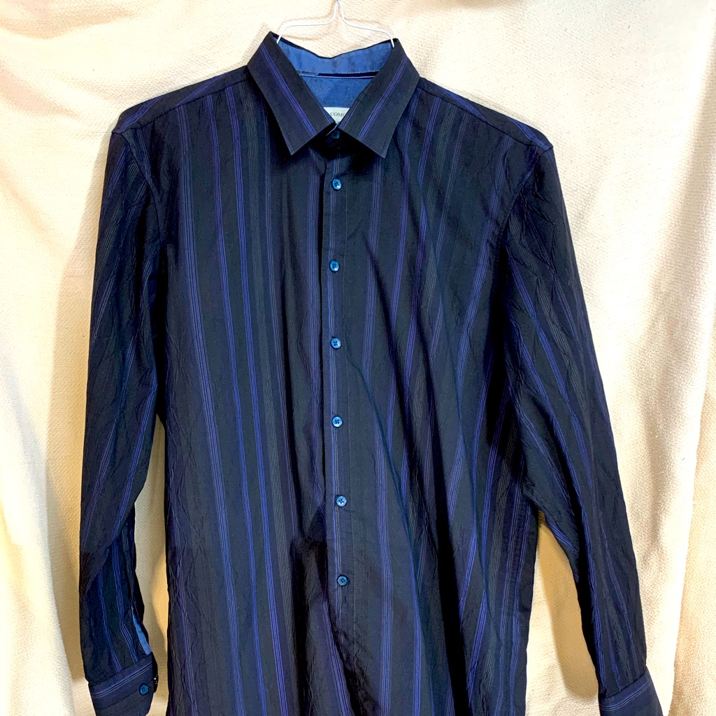 Unique Crinkle Black W/ Blue Stripes Dress Shirt